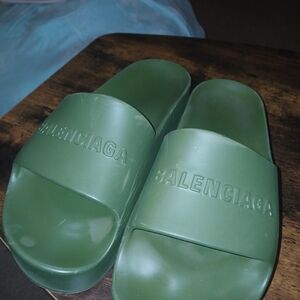 Balenciaga Green Embossed Logo Slide Sandals